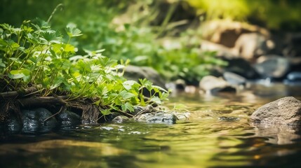 Close-Up of a Stream with Greenery - Generative ai
