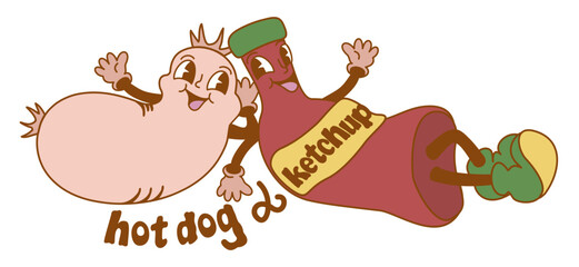 Hot dog and ketchup. Retro cartoon drawing with lettering. Style of 1970-s. Vector isolated illustration.