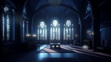 Dark blue palace interior with ornate details - Generative ai