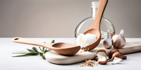Wooden spoon and ingredients were arranged in a clear and perfect modern way- generative ai.