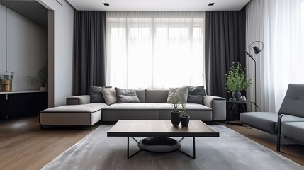 Sleek Modern Grey Interior with Cozy Sofa and Coffee Tables - Generative ai