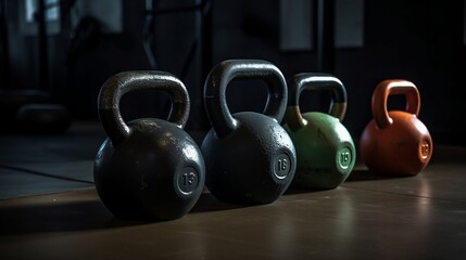 Fototapeta na wymiar Kettlebells in a dark gym room - Generative ai