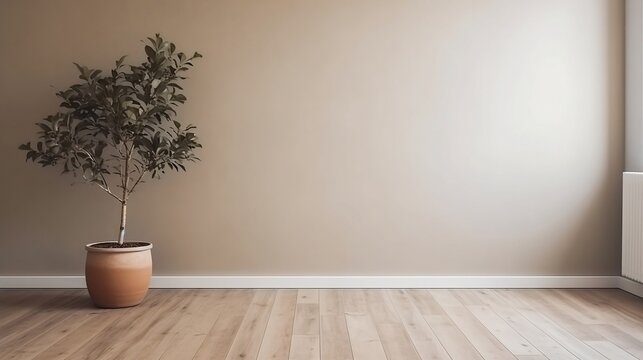 Beige Wall, Wooden Flooring, Featuring Pot and Plant - Generative ai