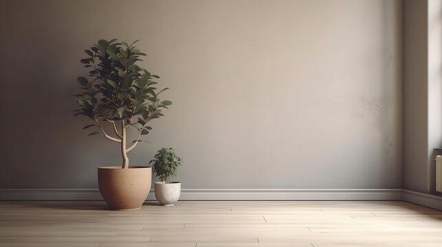 Beige Wall, Wooden Flooring, Adorned with Potted Greenery - Generative ai