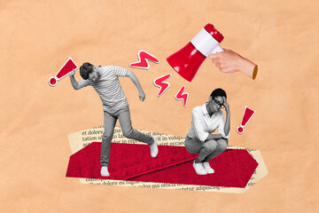 Creative retro 3d magazine collage image of arm holding speaker bullying people isolated painting...