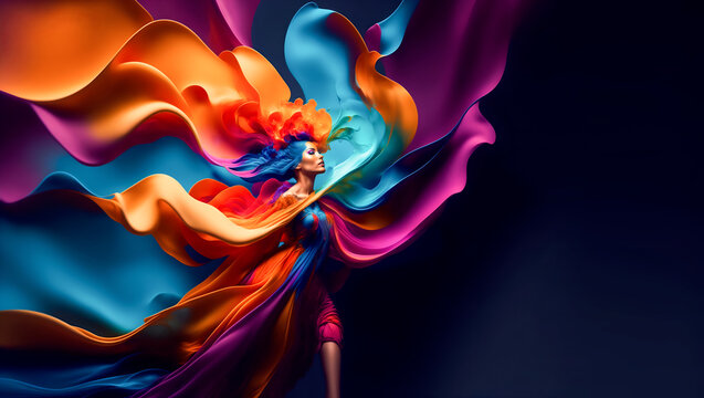Girl in a fantasy ethereal of multicolored fabric and ink. Woman posing with an imaginative and fancy long silk and colorful ink make dress that flutters around her with copy space. Generative ai
