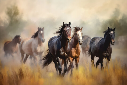 Grazing Horses on a Sepia-toned Meadow: An Aquarelle Painting