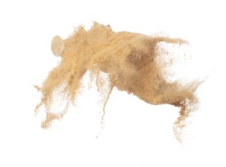 Diamond crystal fly splashing in mid air. Diamond precious stone explosion flying with sand powder dust under dry sun. White background isolated high speed shutter freeze motion