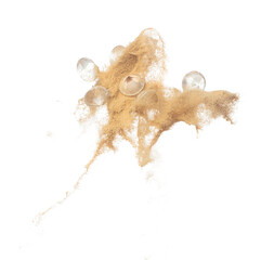 Diamond crystal fly splashing in mid air. Diamond precious stone explosion flying with sand powder dust under dry sun. White background isolated high speed shutter freeze motion