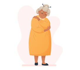 Self love concept. Cute Flat Old Woman in a dress hugging herself. Vector cartoon isolated smiling grandmother with hairstyle.