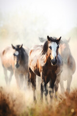 Fototapeta na wymiar Grazing Horses on a Sepia-toned Meadow: An Aquarelle Painting