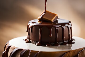 Obraz premium Liquid chocolate and caramel sauce dripping from cake, Generative AI