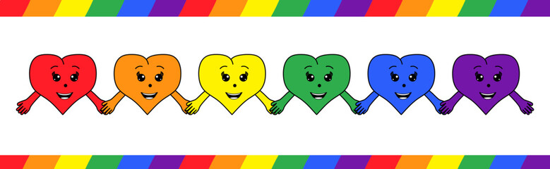 cute cartoon heart characters holding hands lgbt rainbow colors pride community vector illustration