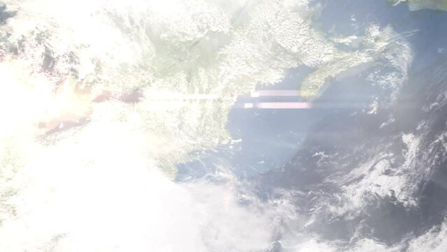 Earth zoom in from outer space to city. Zooming on Everett, Massachusetts, USA. The animation continues by zoom out through clouds and atmosphere into space. Images from NASA