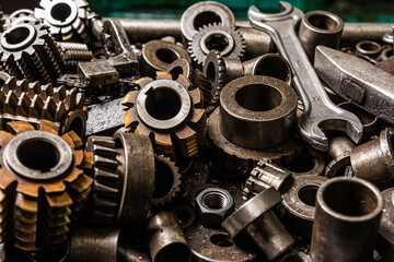 Old equipment, machines, tools in a rustic style in an abandoned mechanical factory