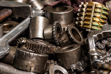 Old equipment, machines, tools in a rustic style in an abandoned mechanical factory