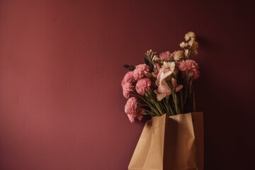 a bouquet of flowers is wrapped in a brown paper bag on a pink background with a pink wall behind it and a pink wall behind it is a pink wall with a pink background and., generative ai