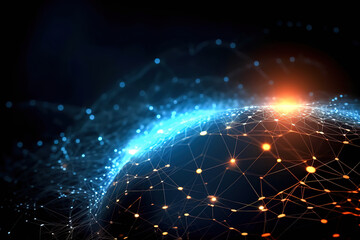 black blue orange tech futuristic background, light, abstract glowing rays with flickering particles, plasma clot of energy, lines, dots, science and technology, network, generative ai.