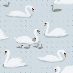 seamless pattern with mute swan families on light blue shimmering water