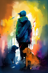 Colorful Watercolor Painting of People and Their Dog