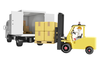 building warehouse with forklift for import export, goods cardboard box, pallet, truck isolated. logistic service concept, 3d illustration render