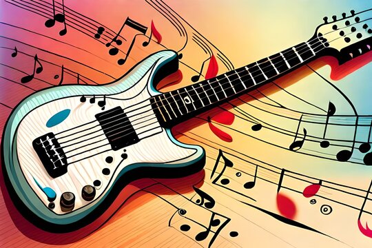 an artistic depiction of a guitar with a musical score overlay in pastel colors