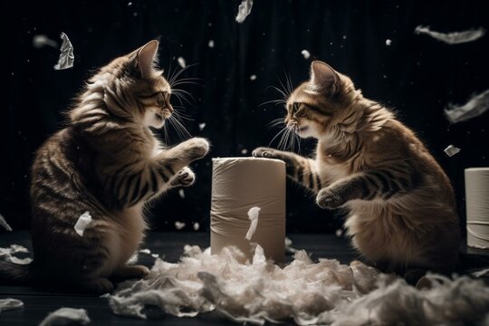 Cats Battling Toilet Paper Rolls. Generative AI