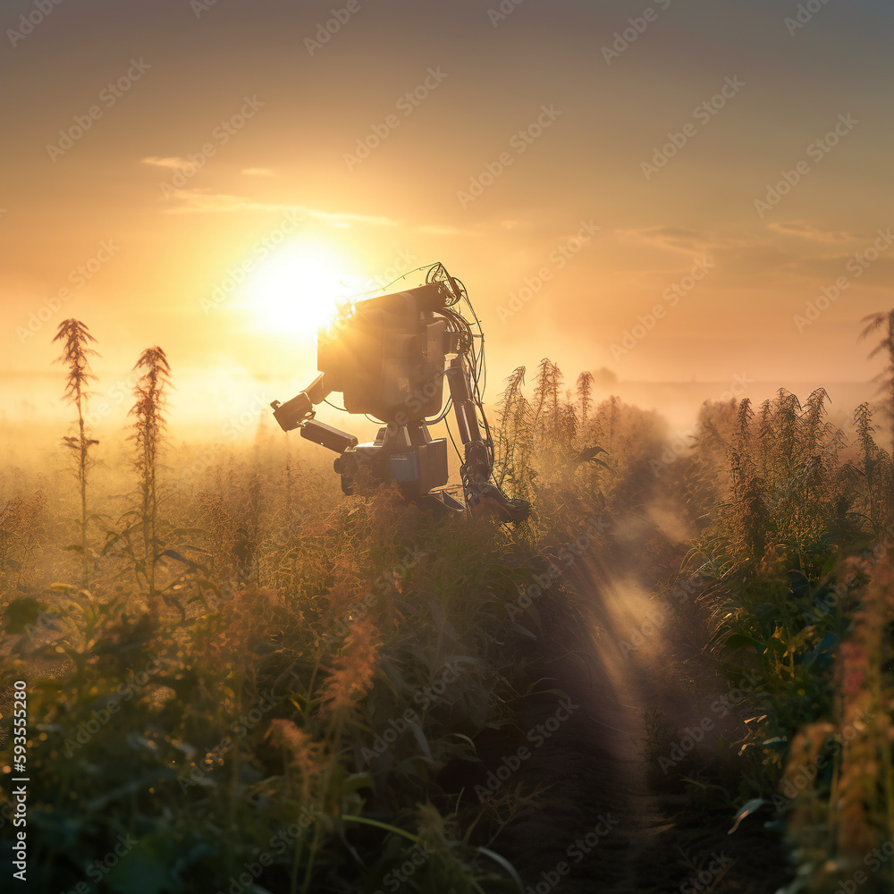 Poster a robot in the middle of a field. ai generative image