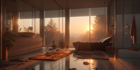 Serenity Meditative Modern Ethereal Peaceful Relaxing Bathroom Space at Sunrise / Sunset. Eco Living with Nature at Home. Generative AI