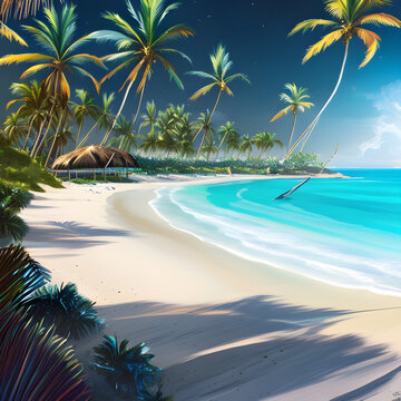 Tropical beach with palm trees. Generative AI