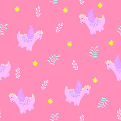 Dinosaur girl seamless pattern.Hand drawn illustration with pink dragon for kids textile,clothes,accessories,birthday party decor. Doodle vector cartoon character print design apparel.