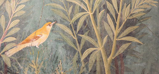 Italy, Pompeii - Luxury roman house interior, fresco detail with bird in a garden - obrazy, fototapety, plakaty