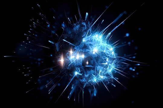 Black blue glowing tech background, abstract planet Earth, circle particle, element, molecule or microbe, futuristic background, geometric landscape Science and technology, generative ai.