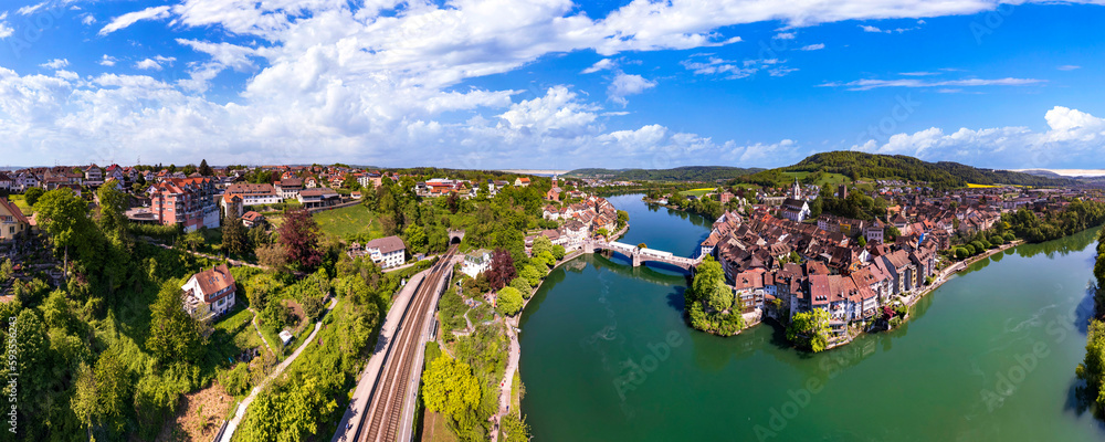 Wall mural romantic beuatiful paces of switzerland . laufenburg town over rhein river. popular tourist destinat