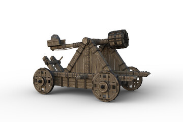 Medieval wooden catapult weapon on wheels. Isolated 3D rendering.