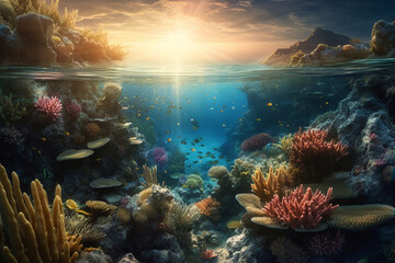 Colorful Coral Reef with Fish in Clear Blue Water, Underwater Photography