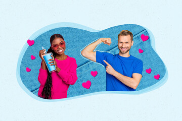 Creative collage portrait of two positive people girl hold soda drink cup guy point finger flex...