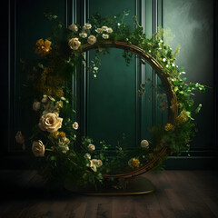Golden Circle Wedding Arch with Green Flower Overlay - Stunning Studio Backdrop for your Special Day