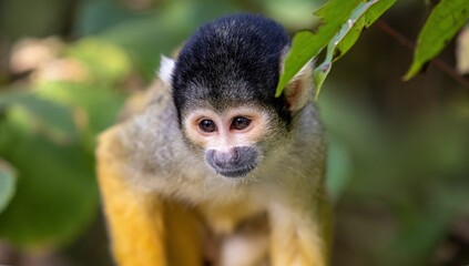Closeup of a black-capped squirrel monkey standing on a tree branch, green leaves blurred background