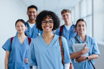 Portrait of a young nursing student standing with her team in hospital, dressed in scrubs