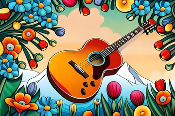a guitar is surrounded by flowers