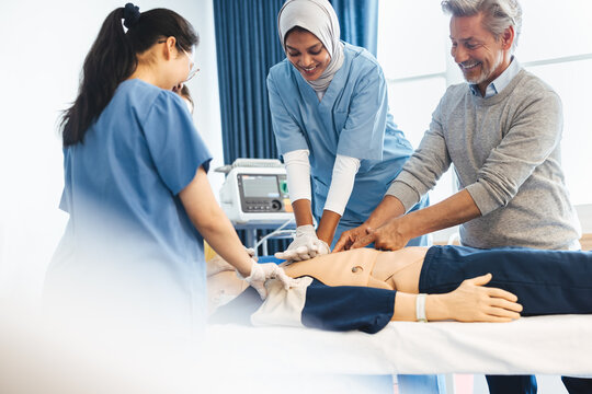 Medical students learn how to practice CPR in healthcare simulation