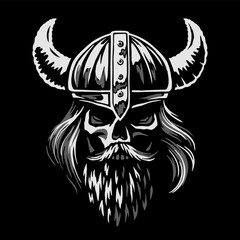 Viking skull in a helmet with horns. Vector illustration. - 593557851