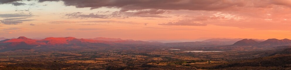 Panoramic view of Tecolotlan valley from Sierra de Quila at sunset in Jalisco, Mexico
