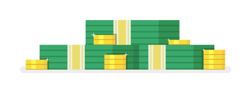Packing in bundles of bank notes and gold coins on white background. Vector.