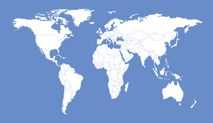 High detailed white world map with country borders isolated on blue background. Vector illustration.