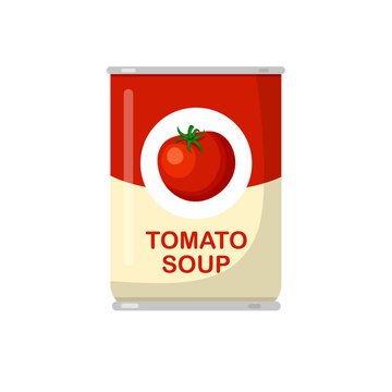 Tomato soup can. Vector illustration in trendy flat style isolated on white background.