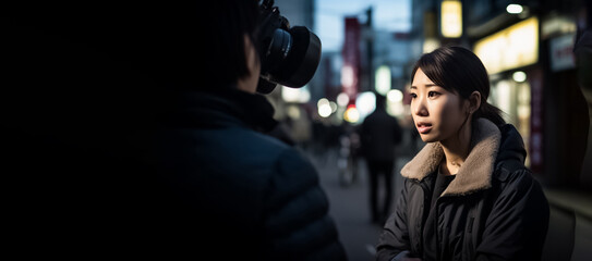 Asian girl is seen interviewing a subject for a news story, showcasing her communication skills and attention to detail. generative AI