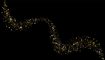 Gold glitter confetti on a black background. Shiny particles scattered, sand. Decorative element. Luxury background for your design, cards, invitations, vector