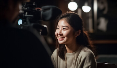 Fototapeta na wymiar Asian girl is seen interviewing a subject for a news story, showcasing her communication skills and attention to detail. generative AI